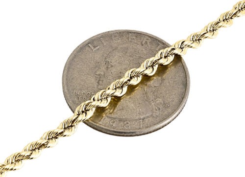 Mens Ladies 1/10th 10K Yellow Gold 3mm Hollow Rope Chain Necklace 16-30 Inch
