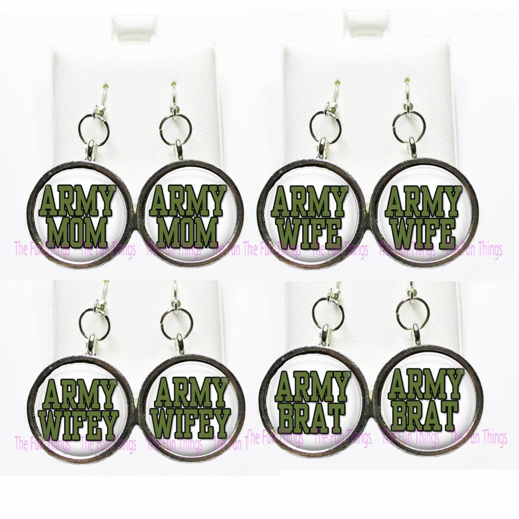 Army Mom Wife Brat Glass Top Dangle Earrings Handcrafted Jewelry Pick-a-Pair