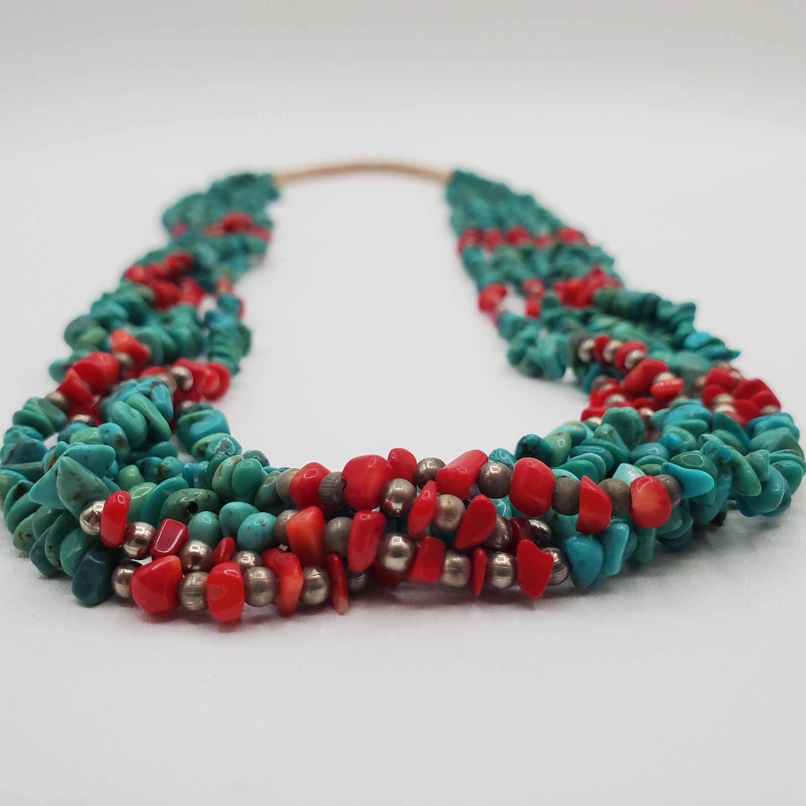 Turquoise Red Coral Necklace 28in Multi Strand Chip Bead Southwest Tribal Wrap