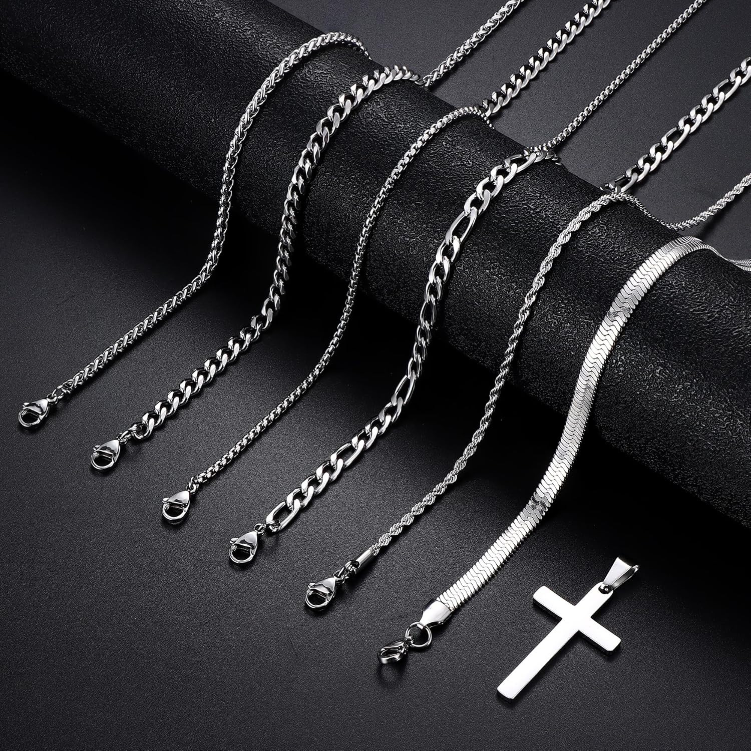 6PCS Silver Stainless Steel Cross Chain Layered Cuban Link Figaro Snake Box Chai