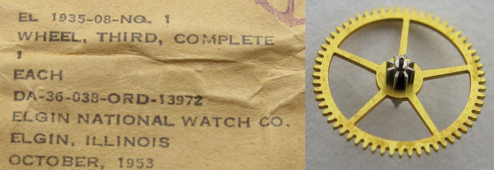 Elgin 3 rd. wheel short pivots Wristwatch / Watch Model DA 36 038 ORD. 13972