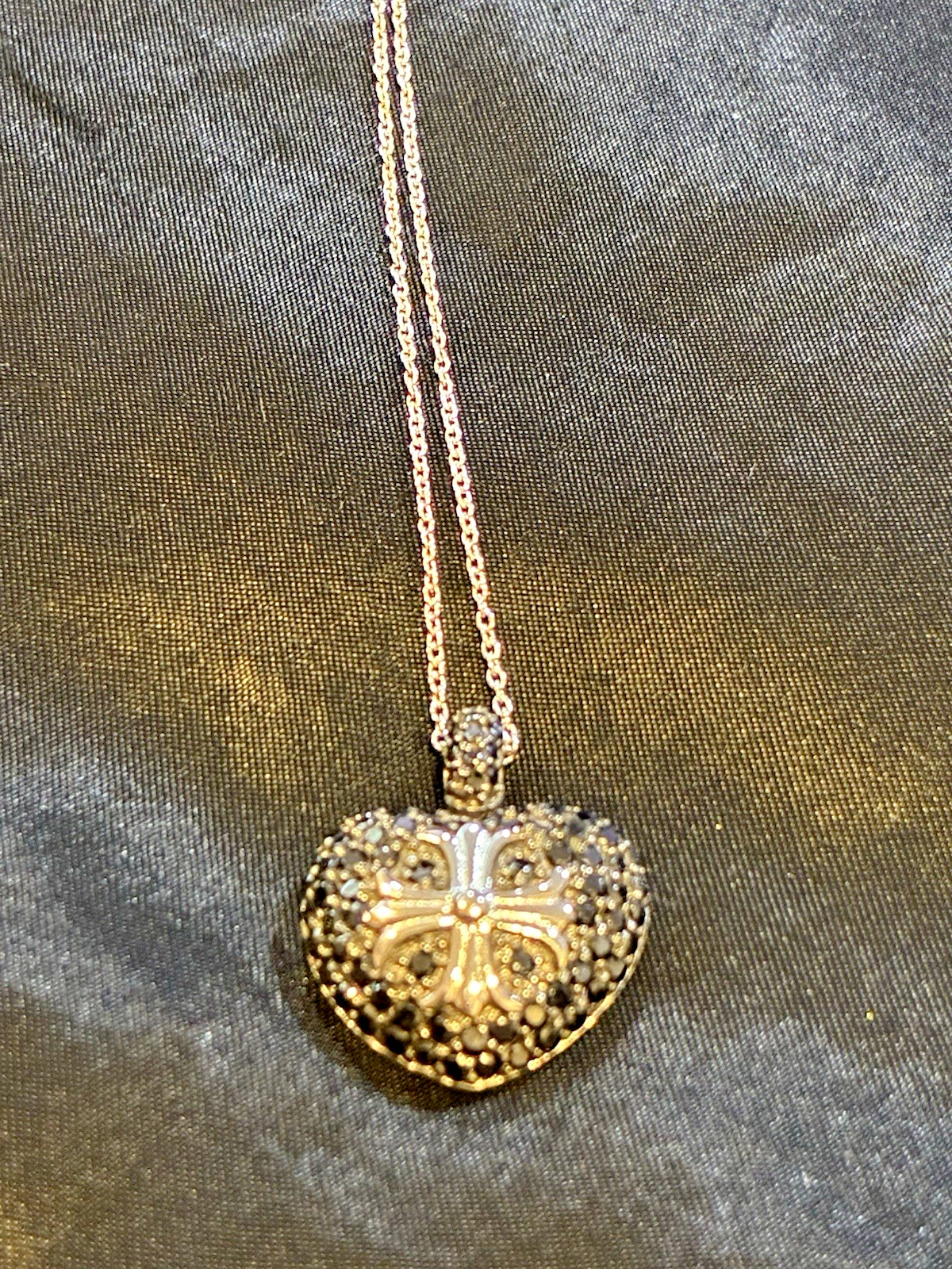 925 Sterling Silver Rhodium Black CZ Heart Cross Pendant Necklace 16″ + 2″