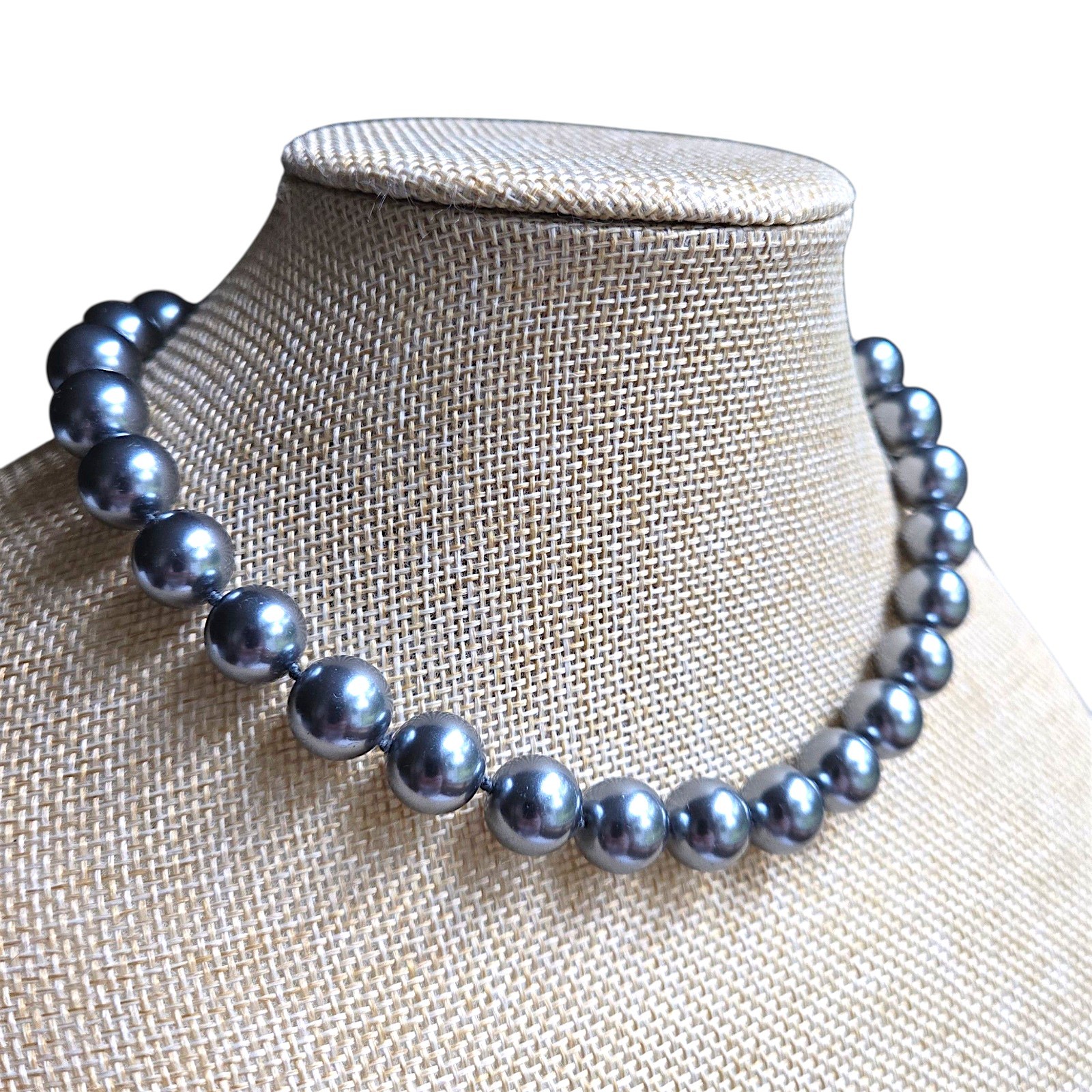 Charcoal Gray Glass Faux Pearl Choker Necklace 12mm Knotted Hidden Clasp 15″