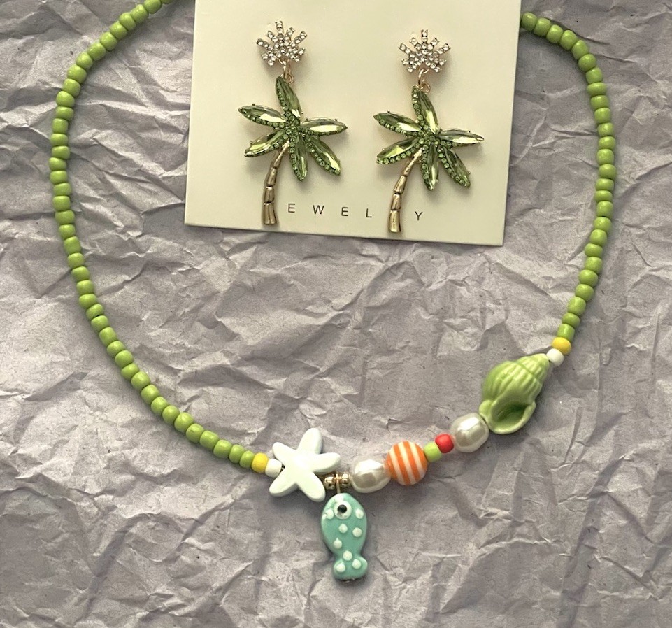 Colorful Ceramic Beaded Fish Sea Shell Necklace Earring Set Pearls Palm Tree NEW