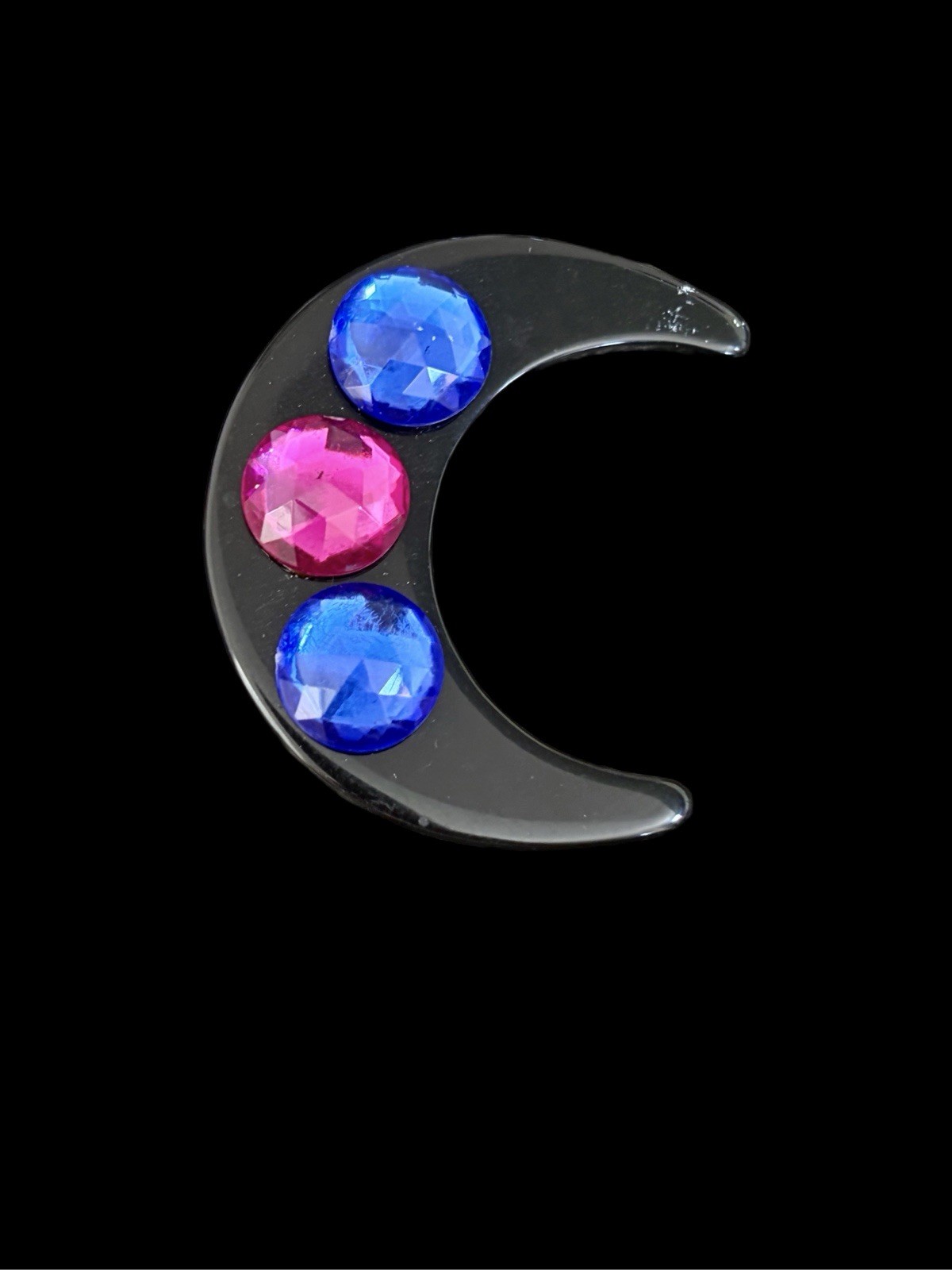 Vintage Retro Black Lucite Crescent Moon Brooch Pink/Blue Faceted Stones~1980s