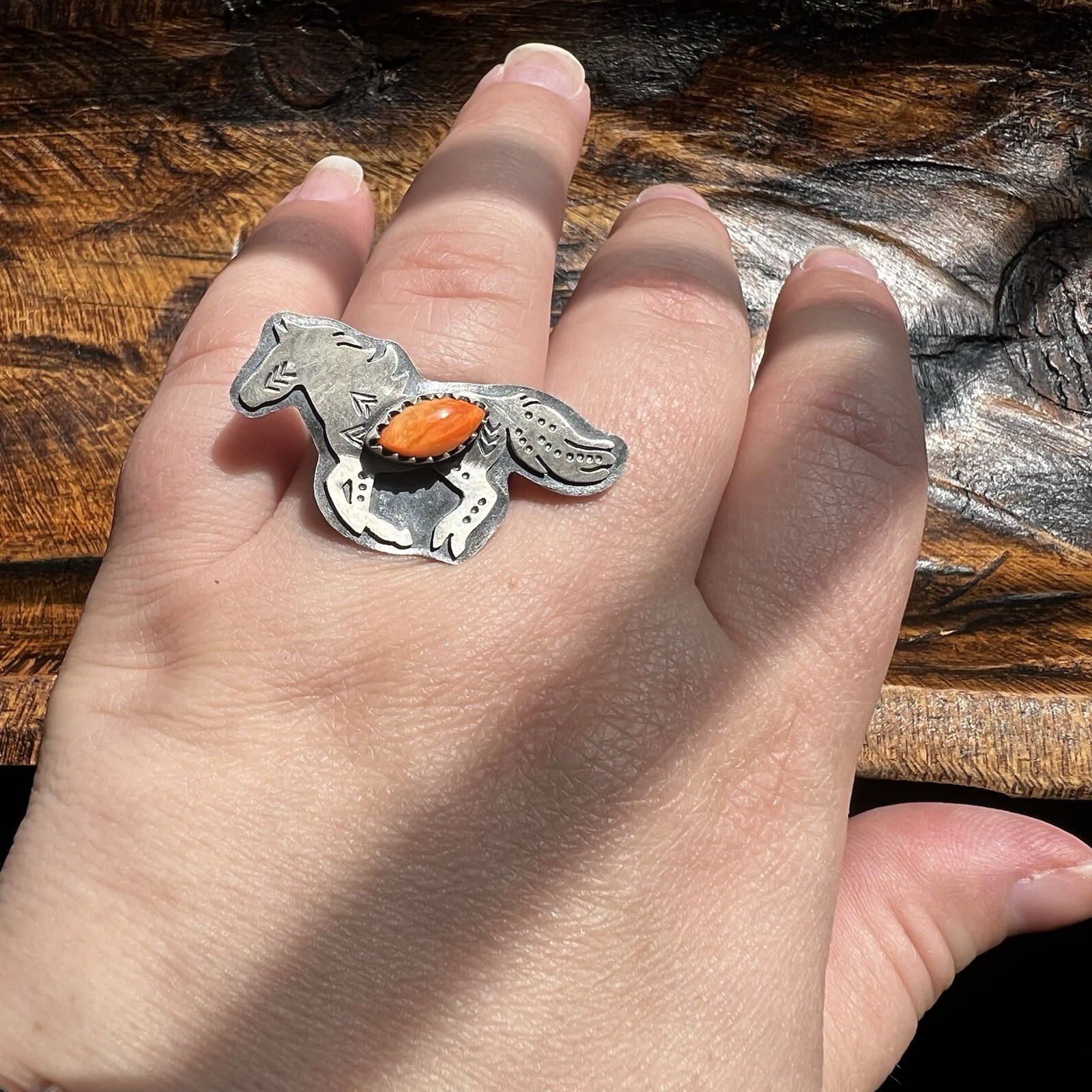Sterling Silver Spiny Oyster Horse Ring Size 8 Adjustable | Southwestern