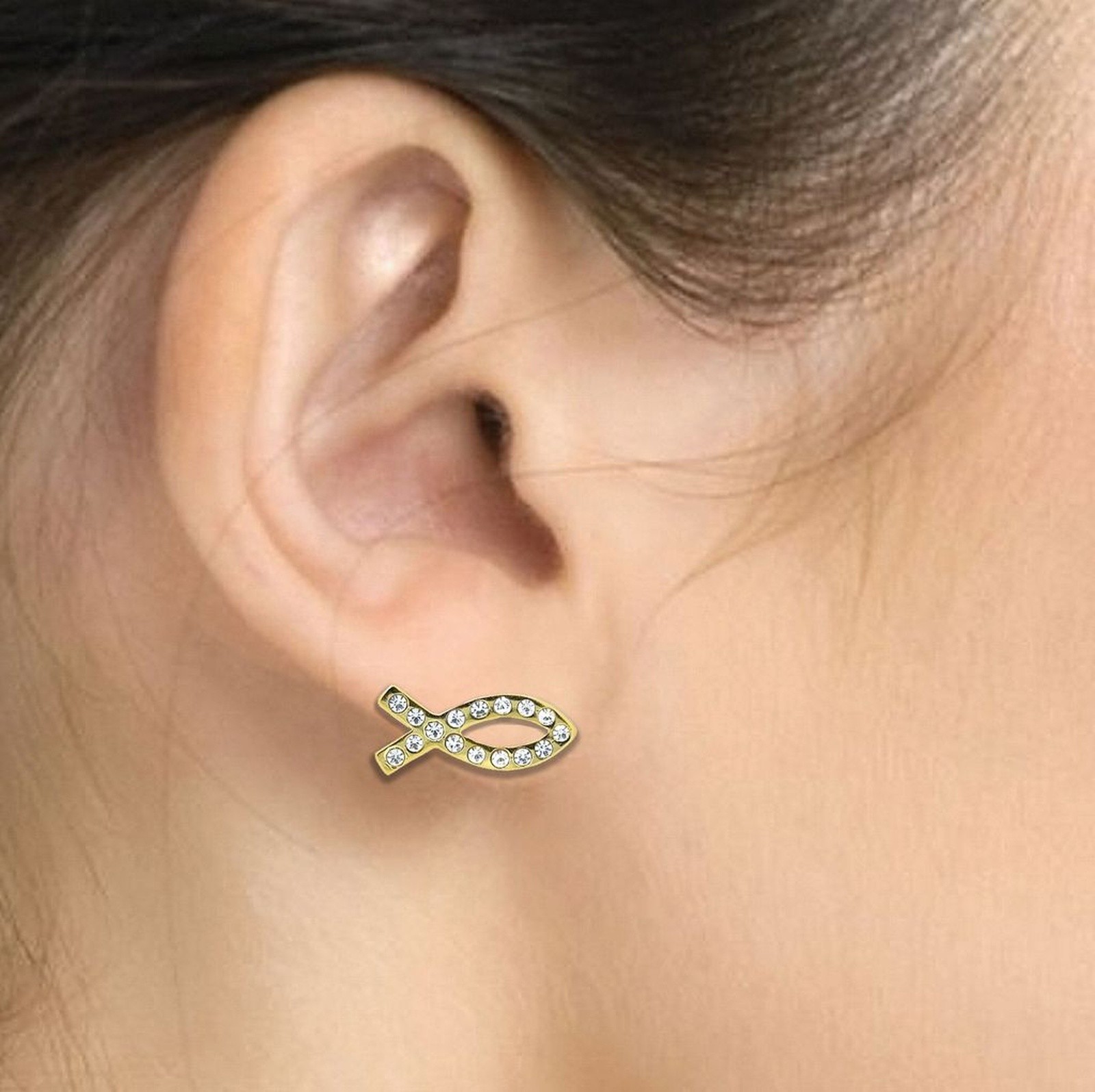 E114G Forever Gold Austrian Crystal Christian Fish Earrings