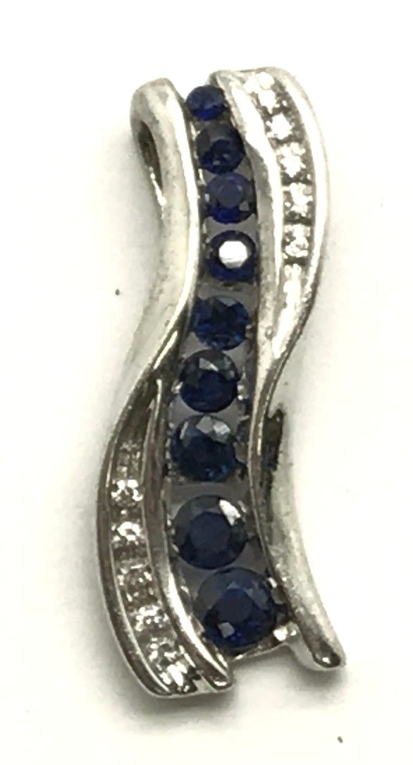 Sterling Silver Descending Blue Sapphire – CZ Pave Wave Swirl Elegant Pendant