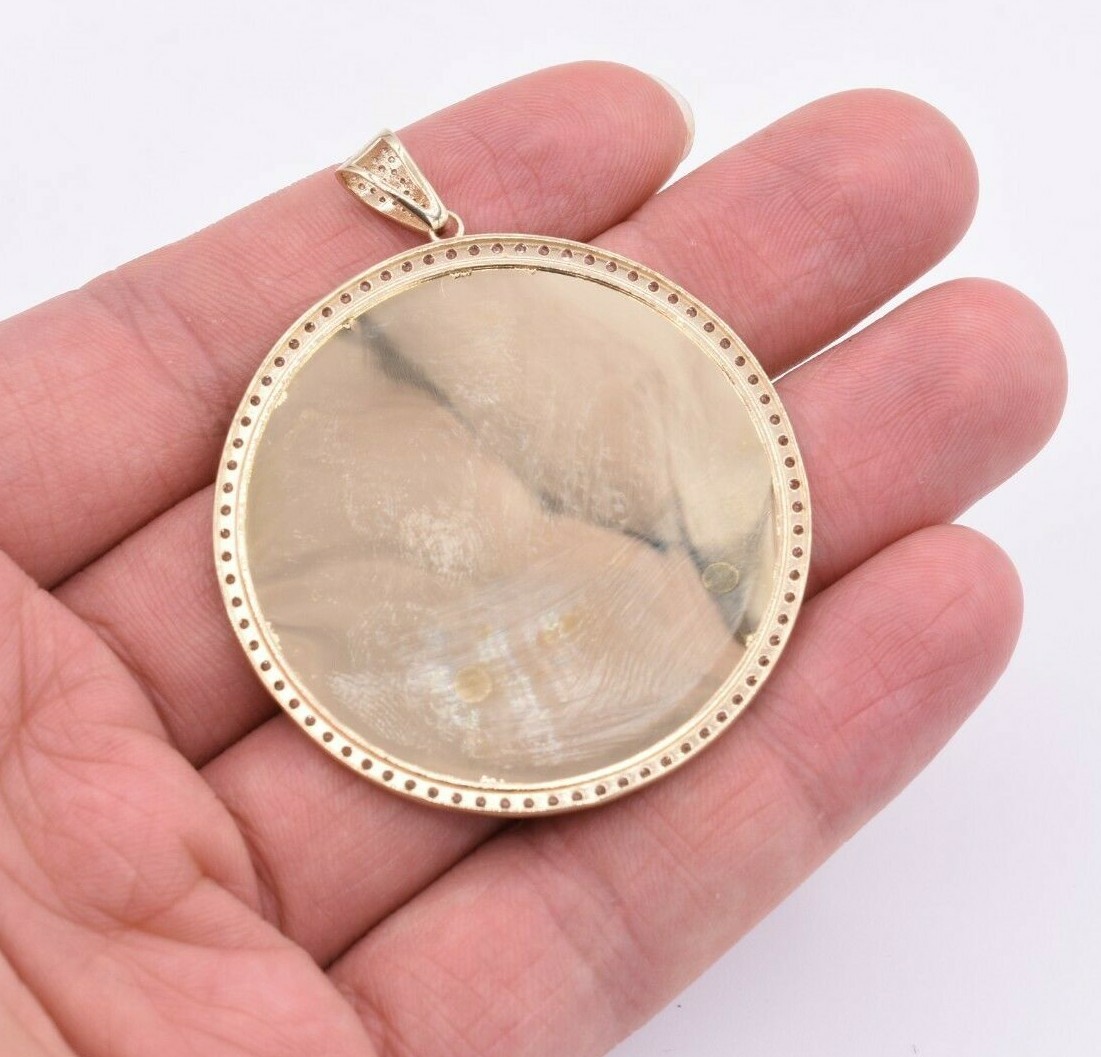 Round Medallion Picture Frame Memory CZ Charm Pendant Real SOLID 10K Yellow Gold