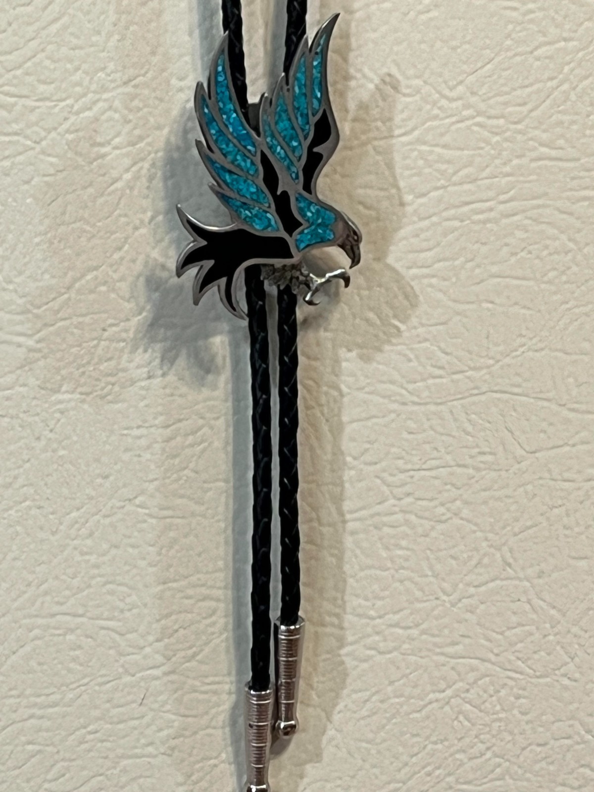 Vintage Eagle Bolo Tie with Turquoise Inlay Silver Tone Bennett style Clasp