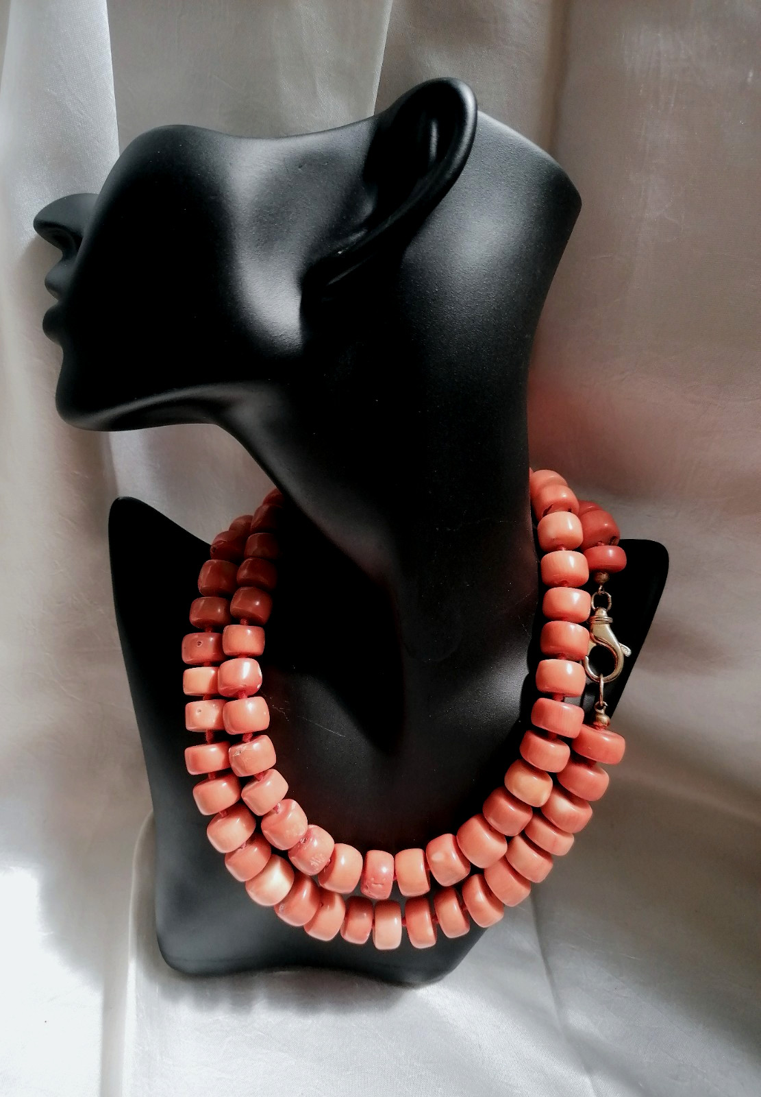 SPECTACULAR MAXI LONG NECKLACE CORAL BAMBOO SALMON CLASP SILVER GOLD.