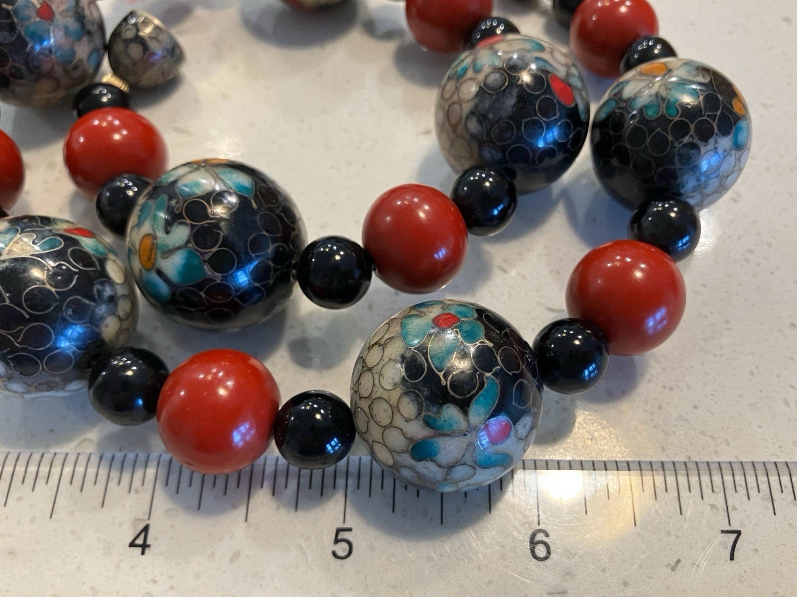 Vintage Huge Chinese Cinnabar Cloisonne Bead Necklace