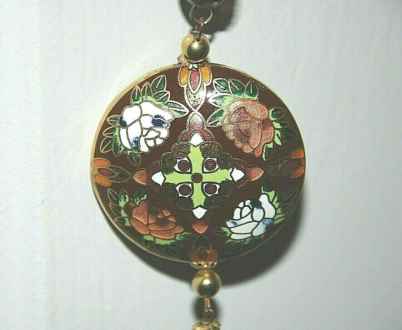 Cloisonne Asian Flower Tassel Necklace Pendant Enamel Gold Filled Silk Cord Boho