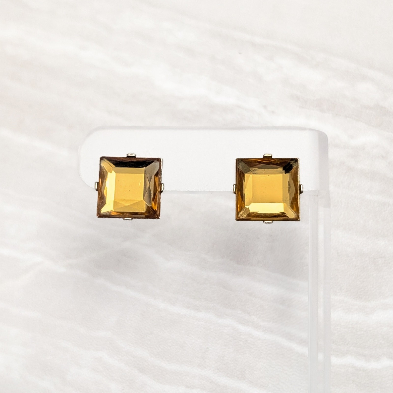 Vintage Stud Earrings Square Shape Yellowy Brown / Amber-ish Tone Retro