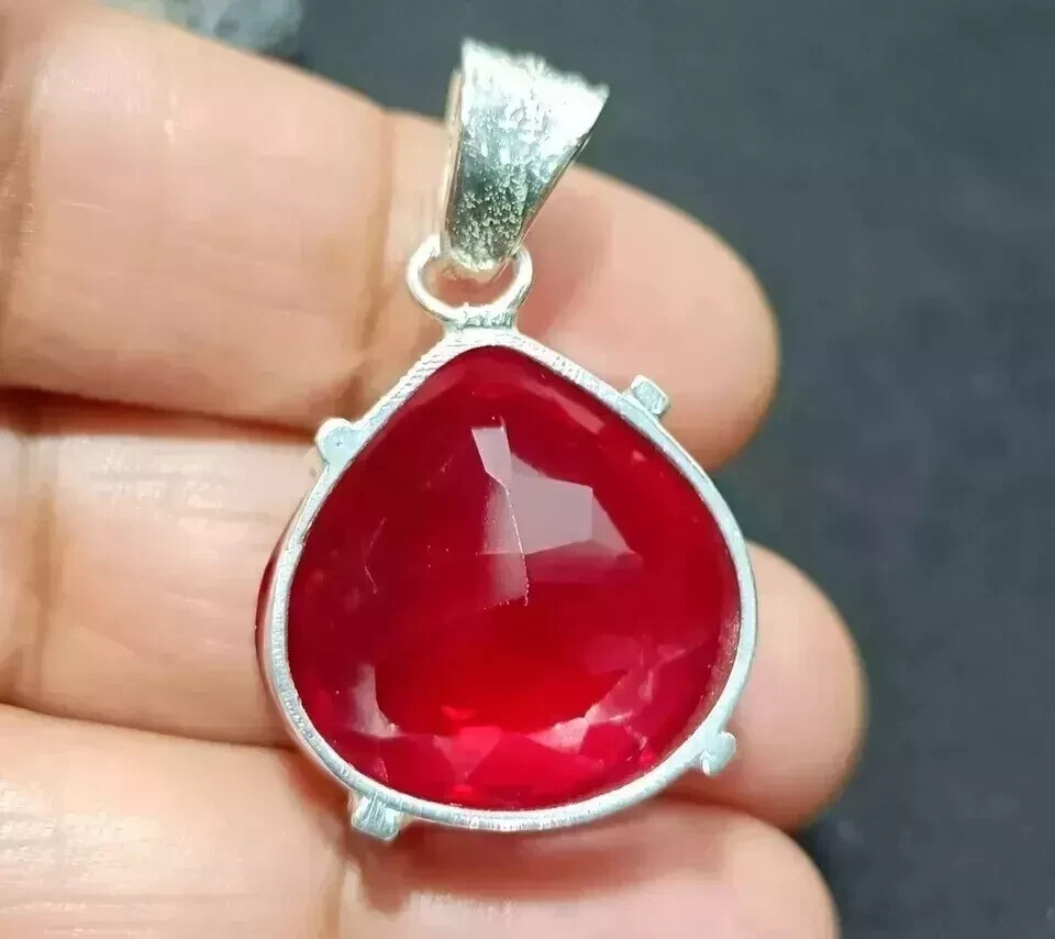50 Ct+ Natural Burmese Heart RUBY 925 Solid Silver Pendant Certified Gemstone