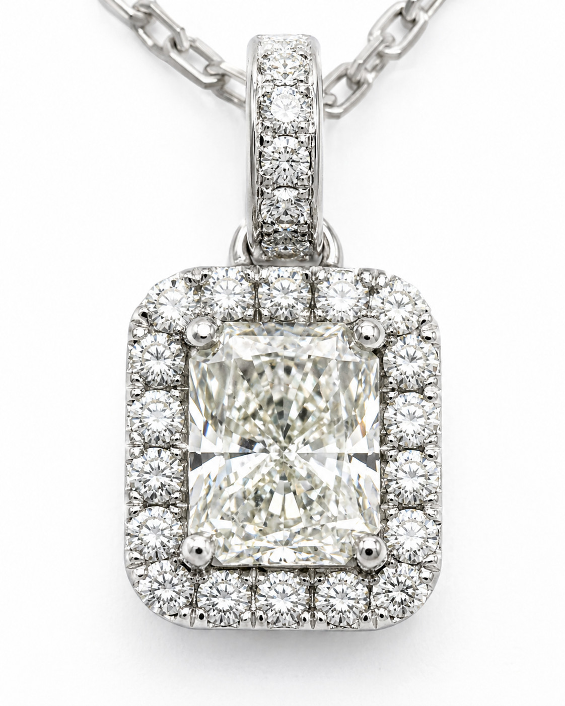 1.40ct Natural Radiant Diamond Halo Pendant Art Deco Necklace 18K White Gold