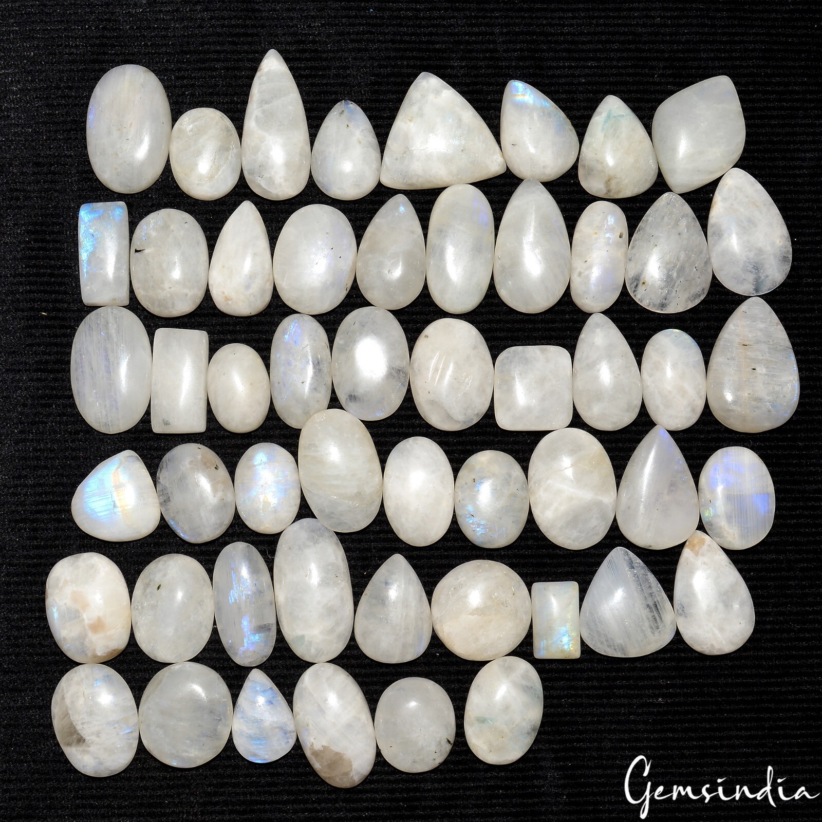 1050 Cts/52 Pcs Natural Untreated Blue Shine Moonstone Mixed Cab Loose Gems Lot
