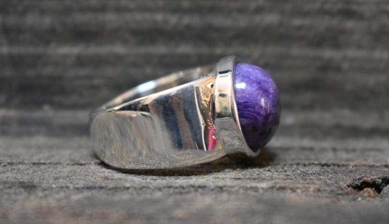Solid 925 Sterling Silver Natural Purple Charoite Gemstone Men’s Unisex BandRing