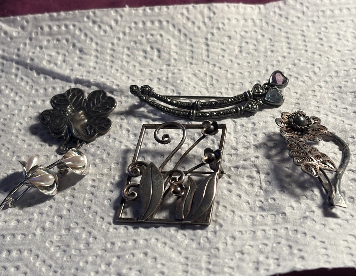 Lot Of Five: Marcasite, Faux Pearl Amethyst Topez Flower Heart Brooches