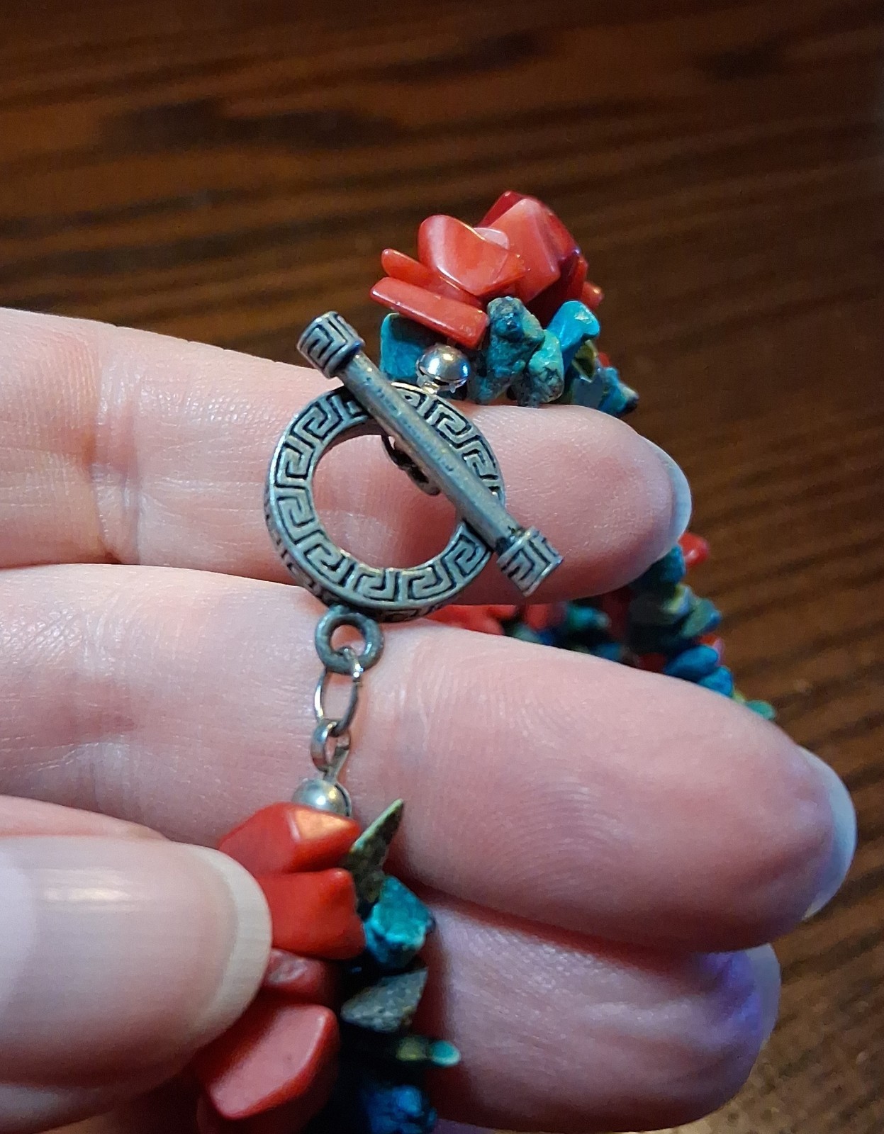 3 Strand Beaded Coral & Turquoise(?) Chip Necklace 16″ See Pics/Description