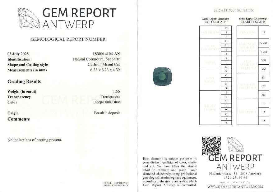 Natural No Heat Blue Sapphire 1.66ct Cushion Cut GRA Certified