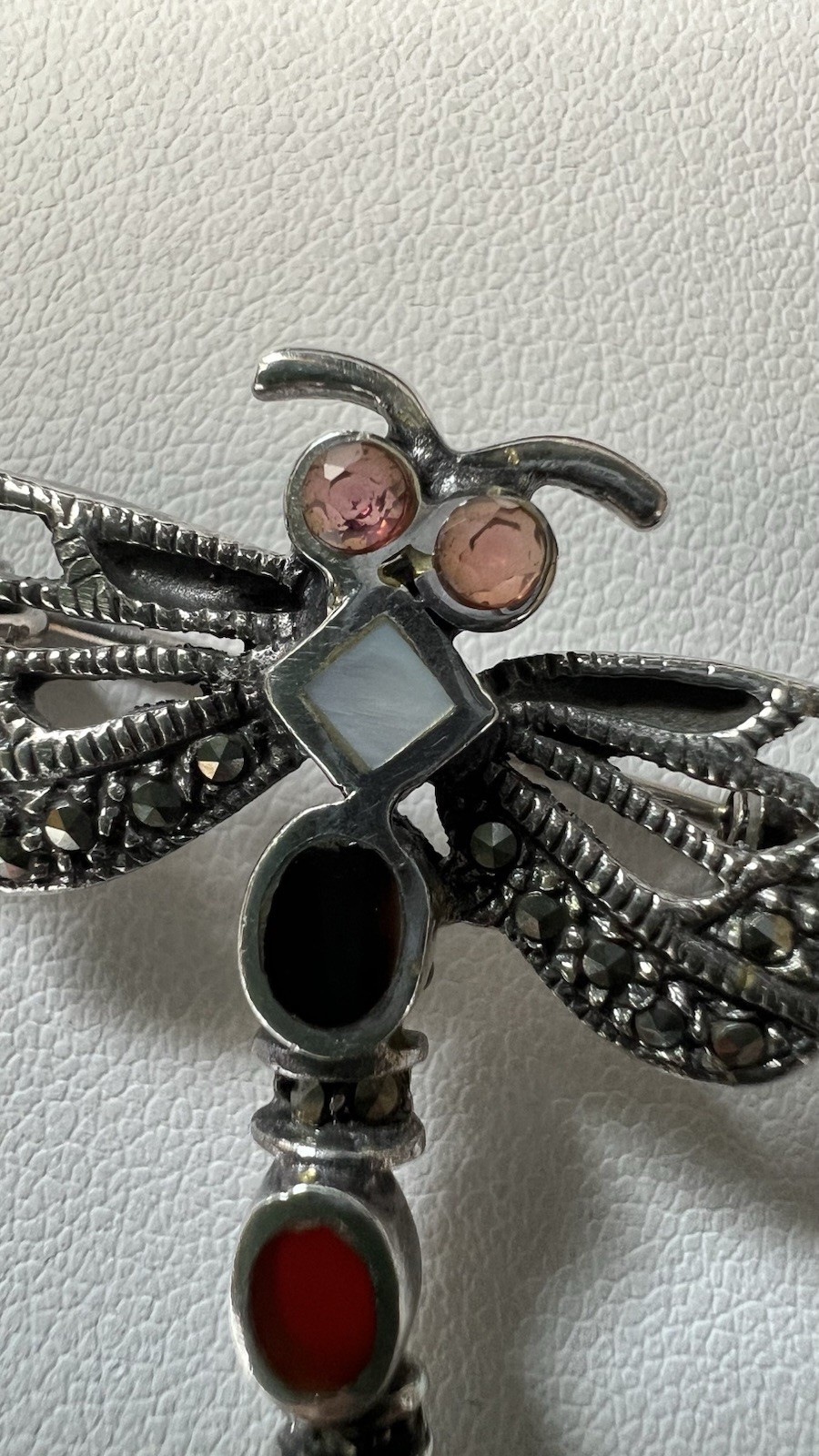 925 Silver Dragonfly Brooch Pin Enamel and Natural Stones Marcasite, 2.5 in