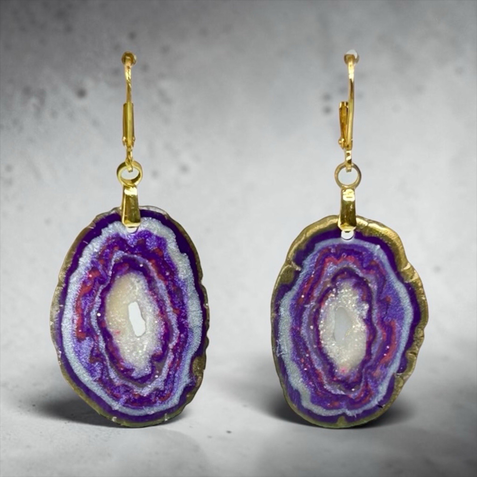 Sm Faux Amethyst Geode Slice Polymer Clay Handmade Dangle Earrings SS Ear Wires