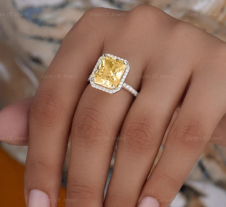 4.38 Ct Emerald Cut Yellow Sapphire Diamond Wedding Ring 14K White Gold Size 7.5
