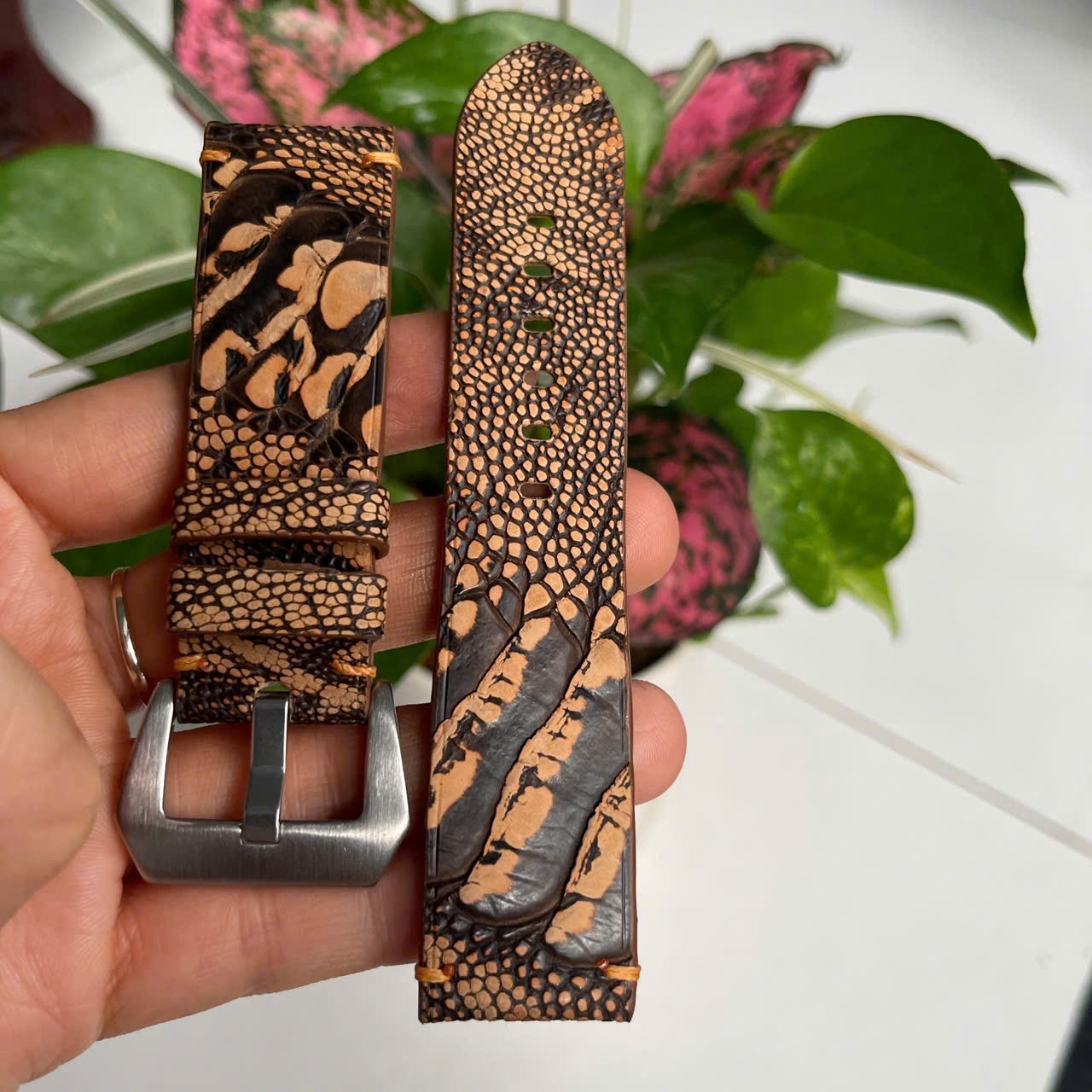 24/22 mm Padded Brown Genuine OSTRICH Leg LEATHER SKIN WATCH STRAP BAND