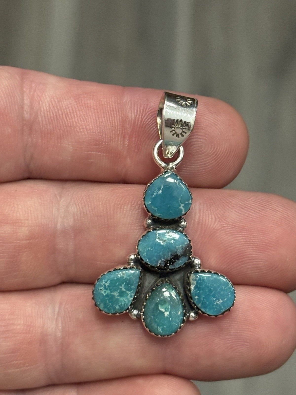 STERLING SILVER WHITE WATER TURQUOISE 5 STONE MIX SHAPE CLUSTER PENDANT .925