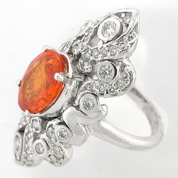 14k White Gold Victorian Style Diamond Ring w Mandarin Garnet 5.50 CTS