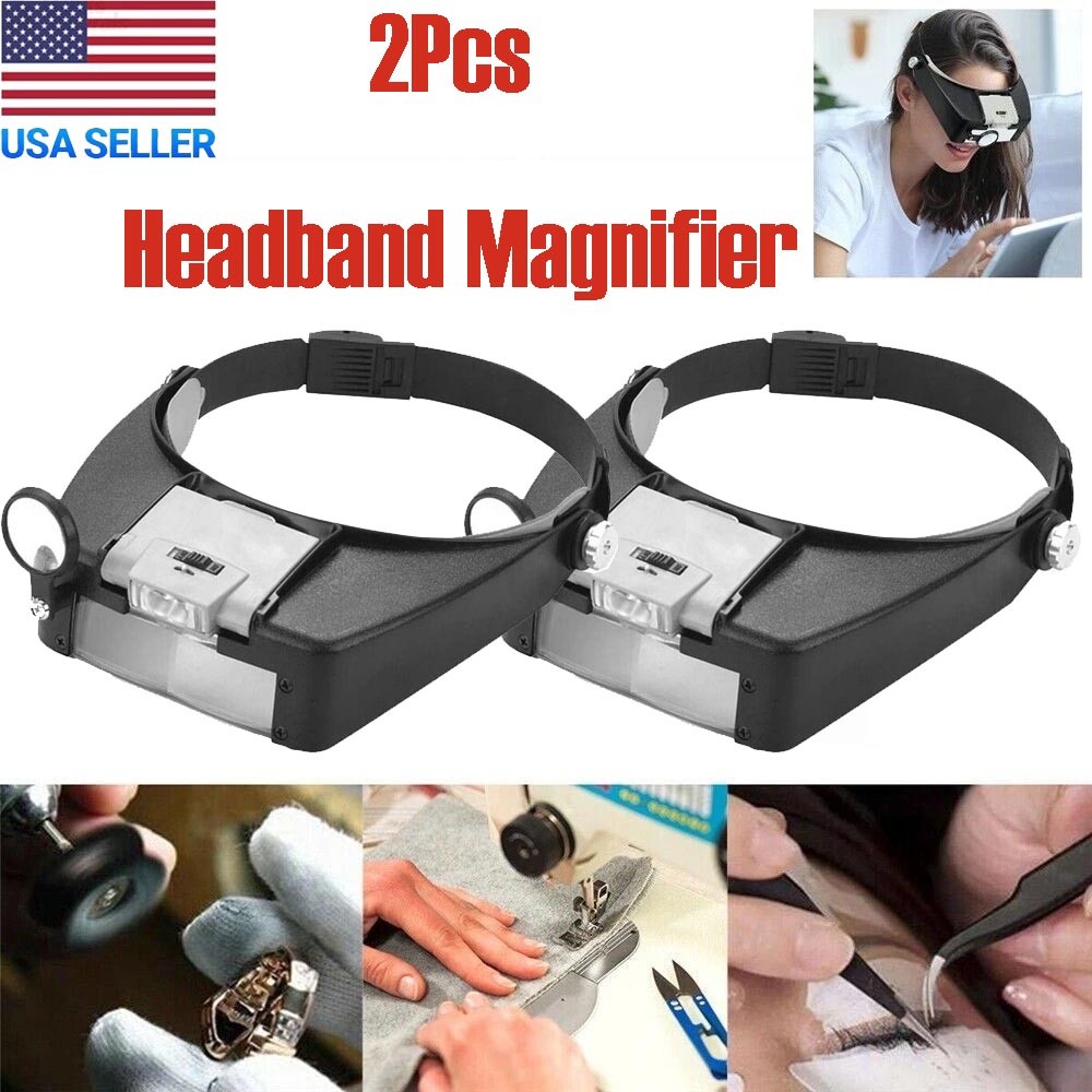 2Pcs Jewelers Head Headband Magnifier LED Illuminated Magnifying Glasses Loupe
