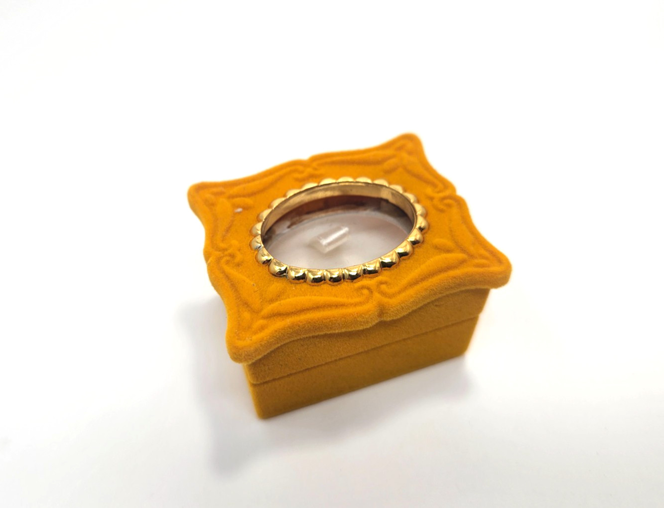 Vintage Style Mustard Yellow Velvet Jewelry Box Ornate Gold Trim Engagement Ring