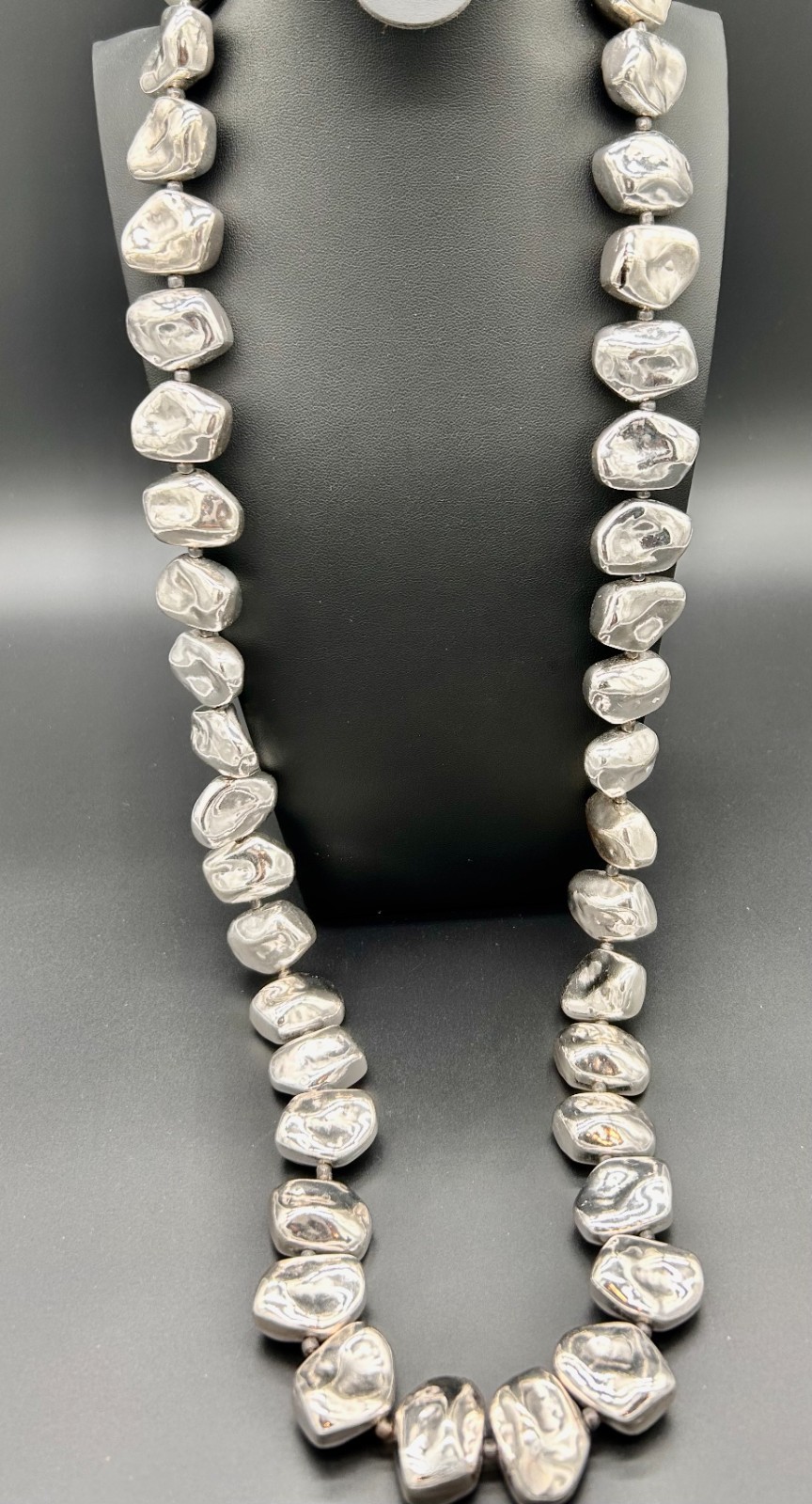 Chico’s Silver Tone Chunky Nugget Pebble Bead Statement Necklace 21″ Long Signed