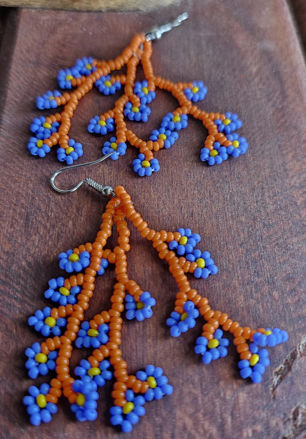 African-Beaded Branch Flower Earrings- Handmade in Kenya- New- Blue/ Orange