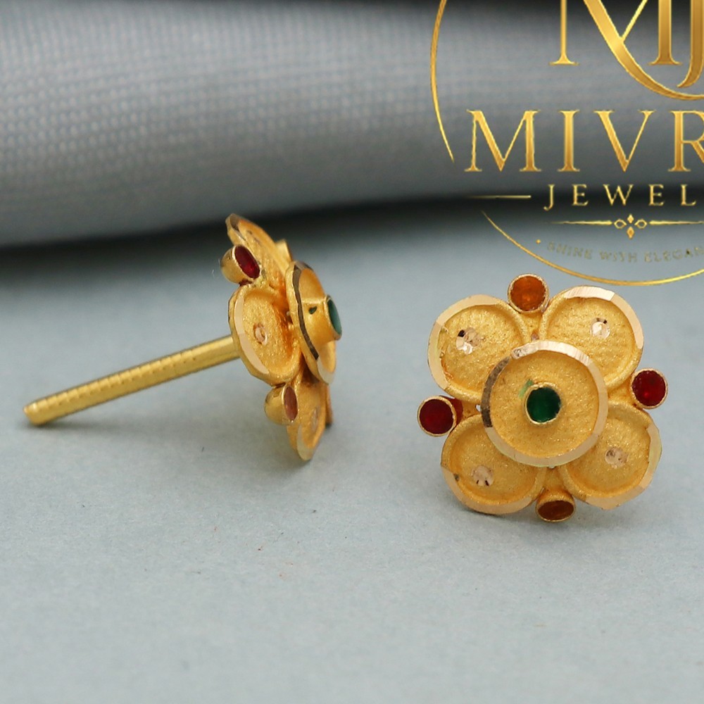 BIS 916 Stamp Bright Yellow Gold Stud Earrings Great-Grandmother Gift 1cm 1.51g