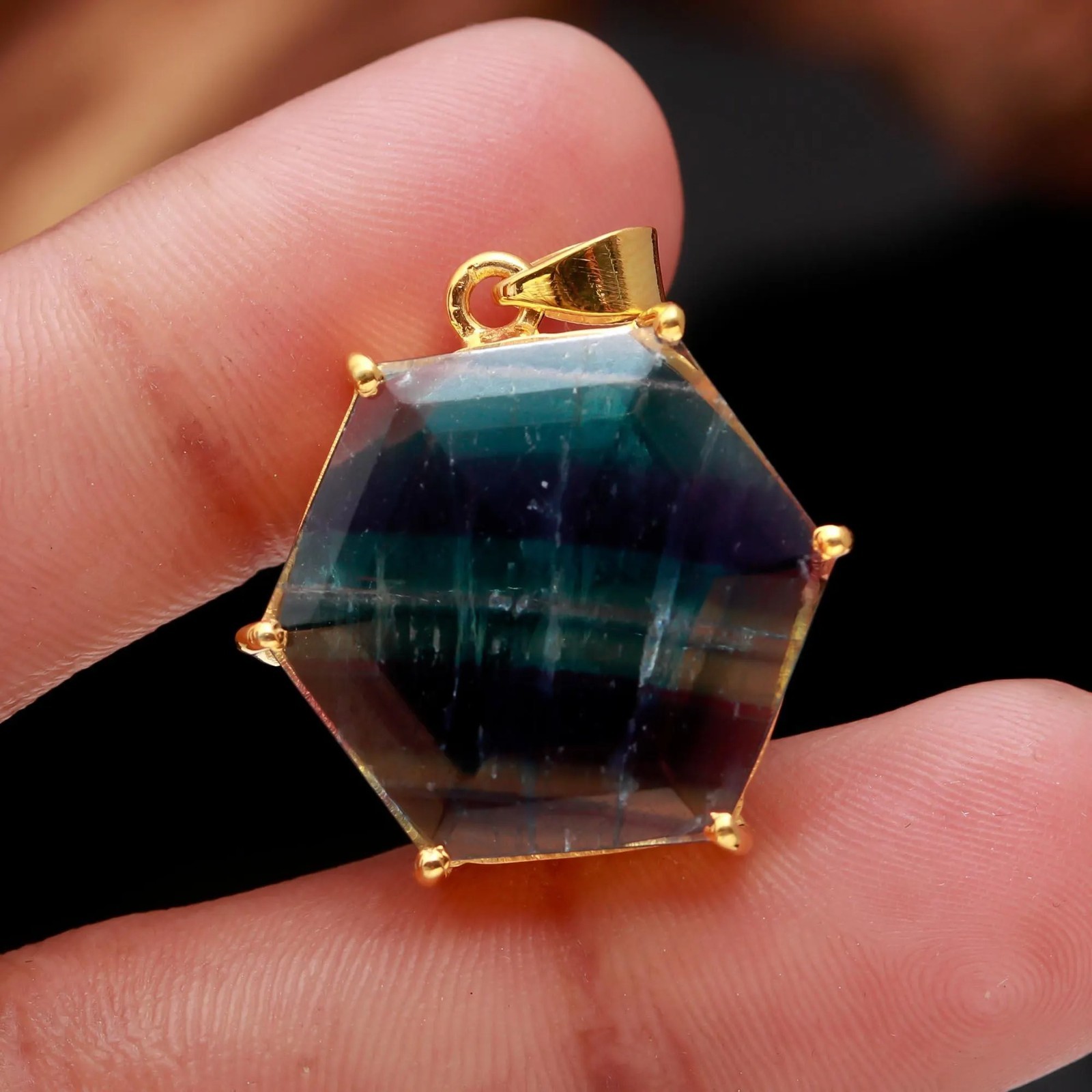 Natural Fluorite Hexagon Gemstone Pendant 925 Sterling Silver Gold Plated