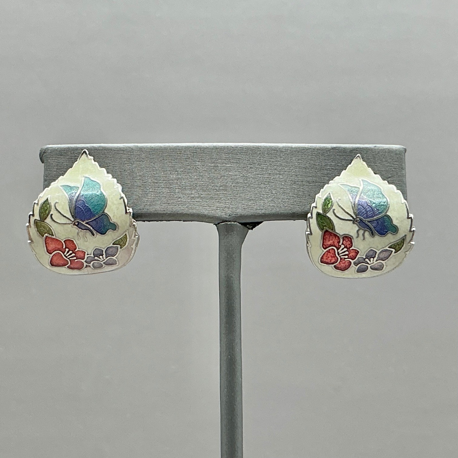 Earrings Womens Silver Tone Vintage Cloisonne Enamel Butterfly Floral 1 Inch