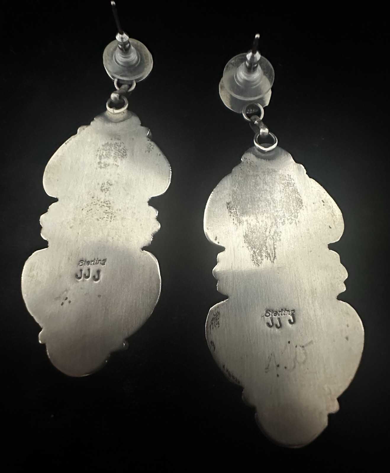 Navajo Jeff James Jr JJJ Sterling Silver Spiny Oyster Dangle Post Earrings 3″