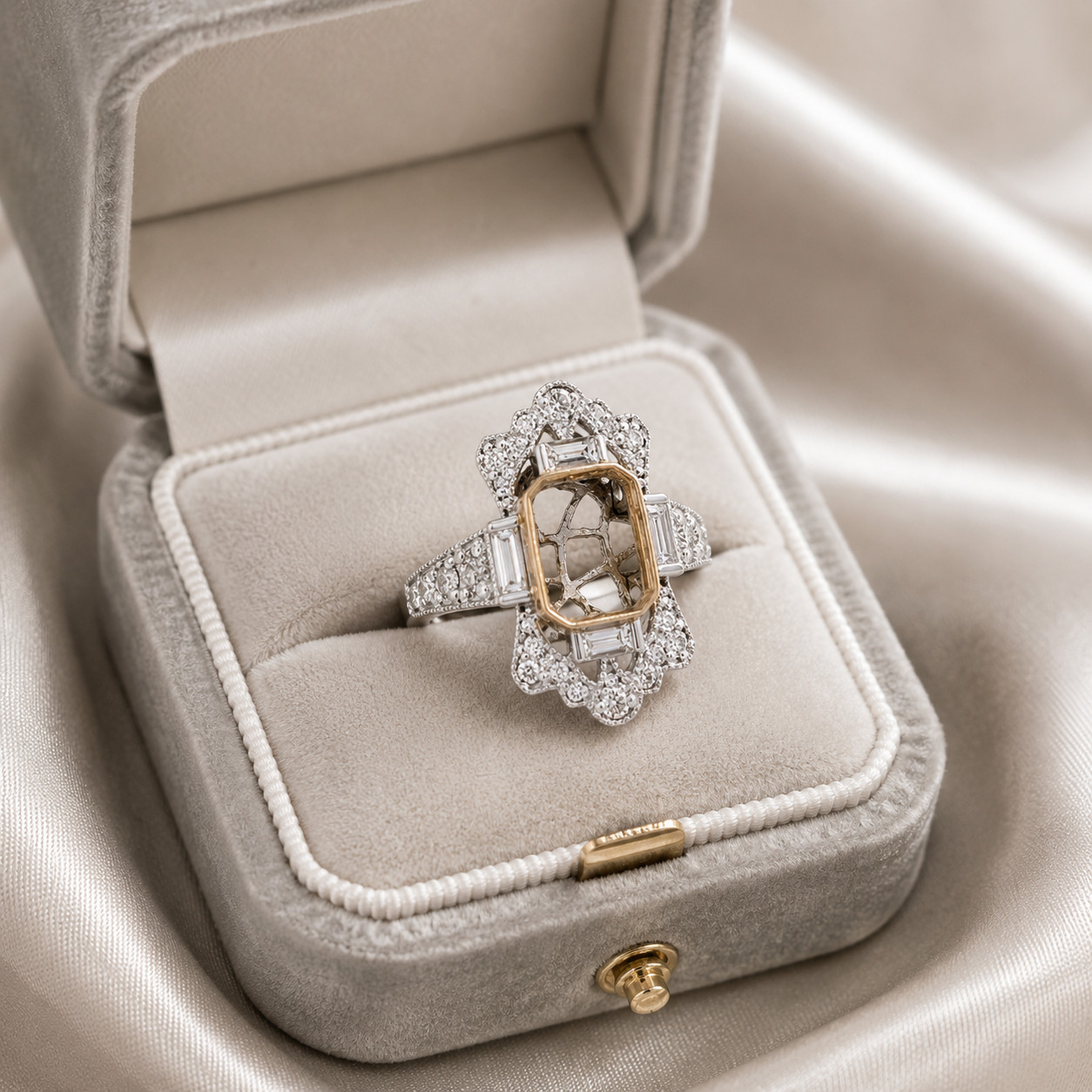 Semi-Mount Art Deco Ring with 0.82 cttw Natural Diamond, Solid 14K White Gold