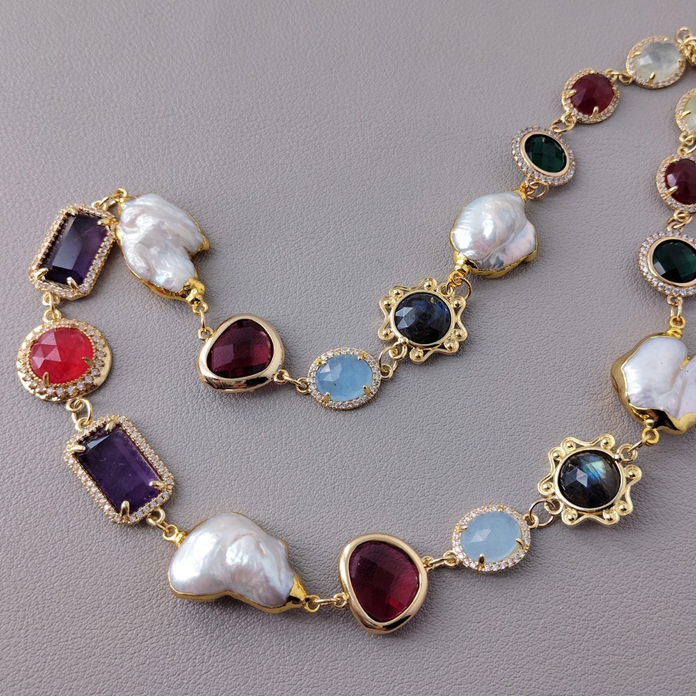 Unique Multi Color Stone Crystal Cultured White Pearl Choker Necklace Handmade