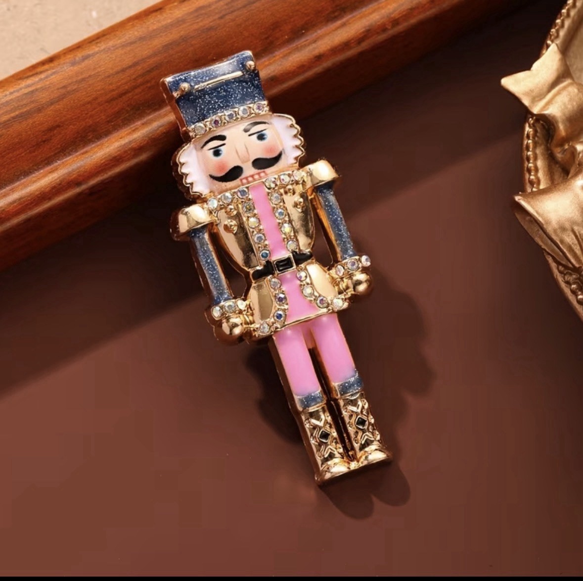 Pink Nutcracker Soldier Rhinestone Brooch Pin Gold Tone Christmas Holiday Gift