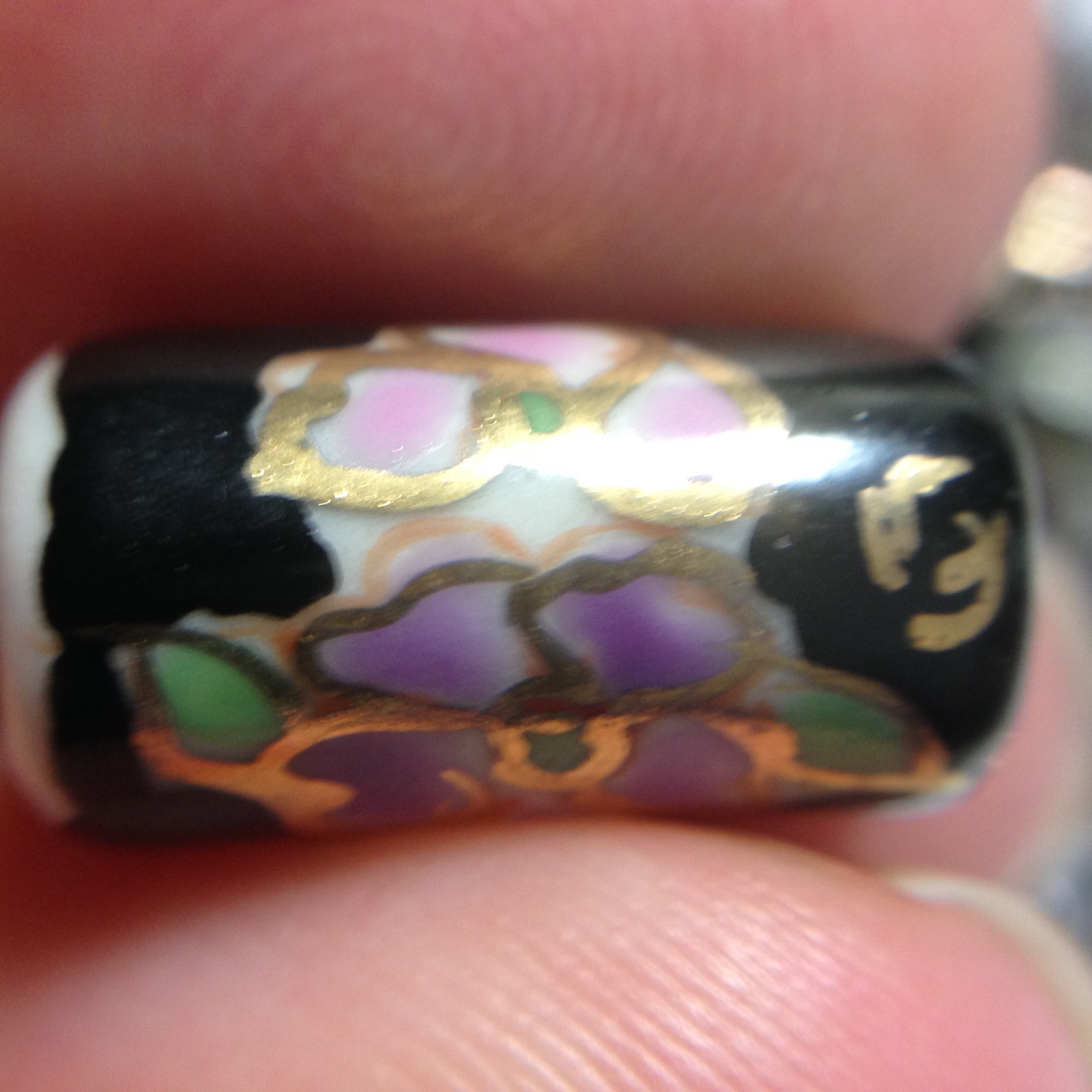 Black Porcelain Hand Painted Floral Cylinder/Tube Beads, Approx. 17x9mm , 3PCS
