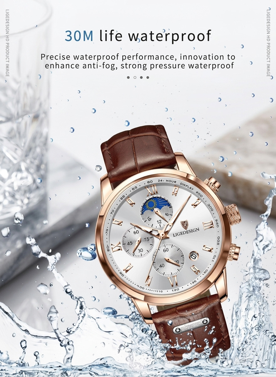 Men’s Watches Quartz Luminous Date Dial Waterproof Leather Business Wristwatch