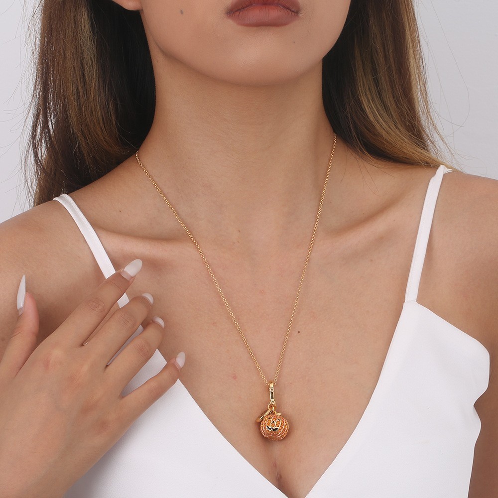 Halloween Pumpkin Pendant Necklace with Bag Chain Gold Plated Jewelry Gift
