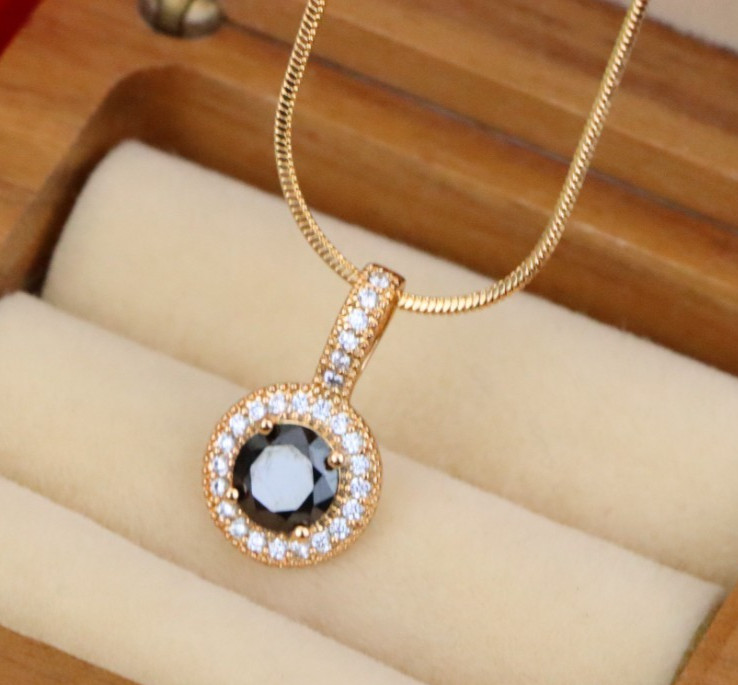 with Crystal Halo for Women, XPPT1740 Gold Plated Black Round Pendant