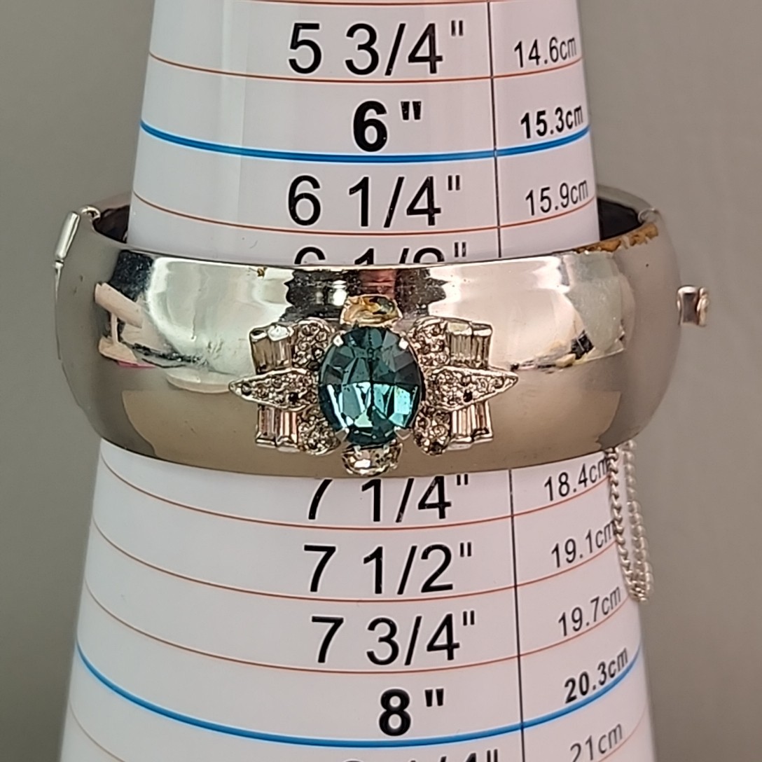 Vintage Hinged Bangle Bracelet Blue Rhinestone Silver Tone Signed 6.75″