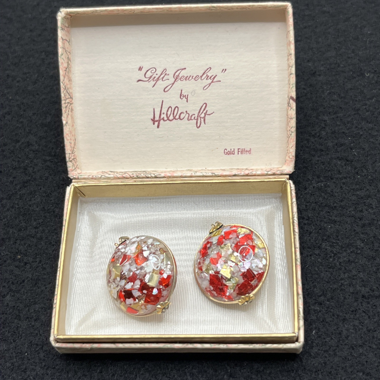 Vintage Hillcraft Slide On Earrings Red White Gold Confetti Fashion Jewelry