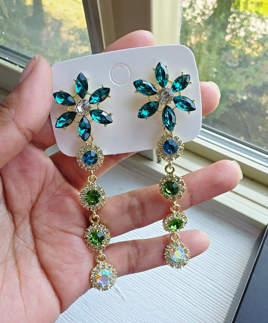 Blue and green crystal flower pendants in gold tone, 14k gold plated