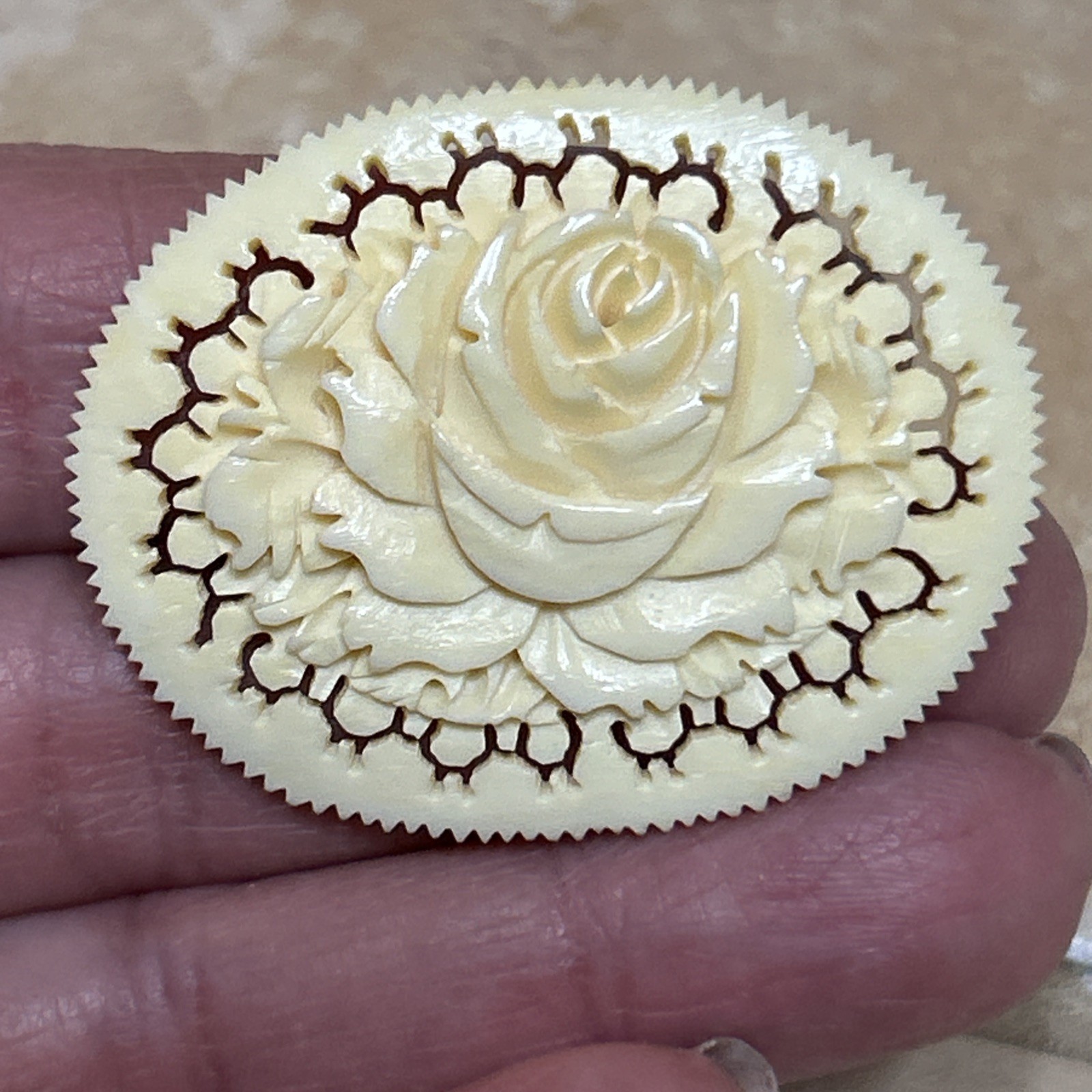 Vintage Carved Rose Floral Brooch Hand Carved